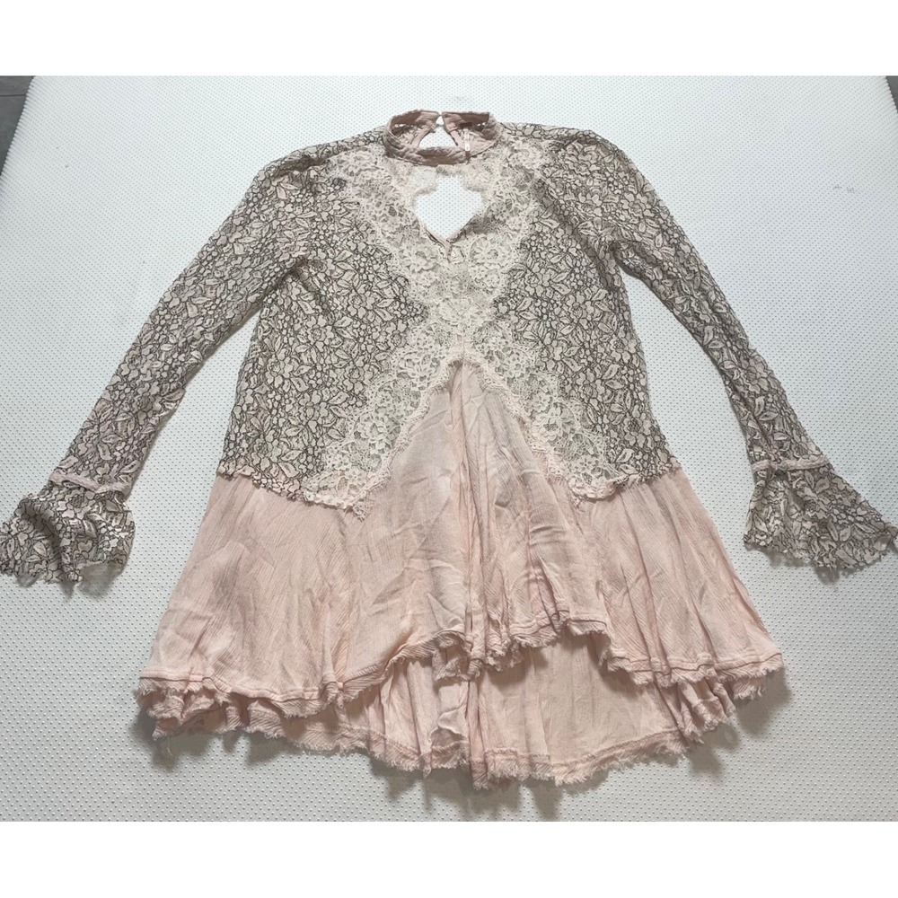 Free People Pink Black Size M Mini Dress Bell Sleeve Keyhole Back Hippie BoHo